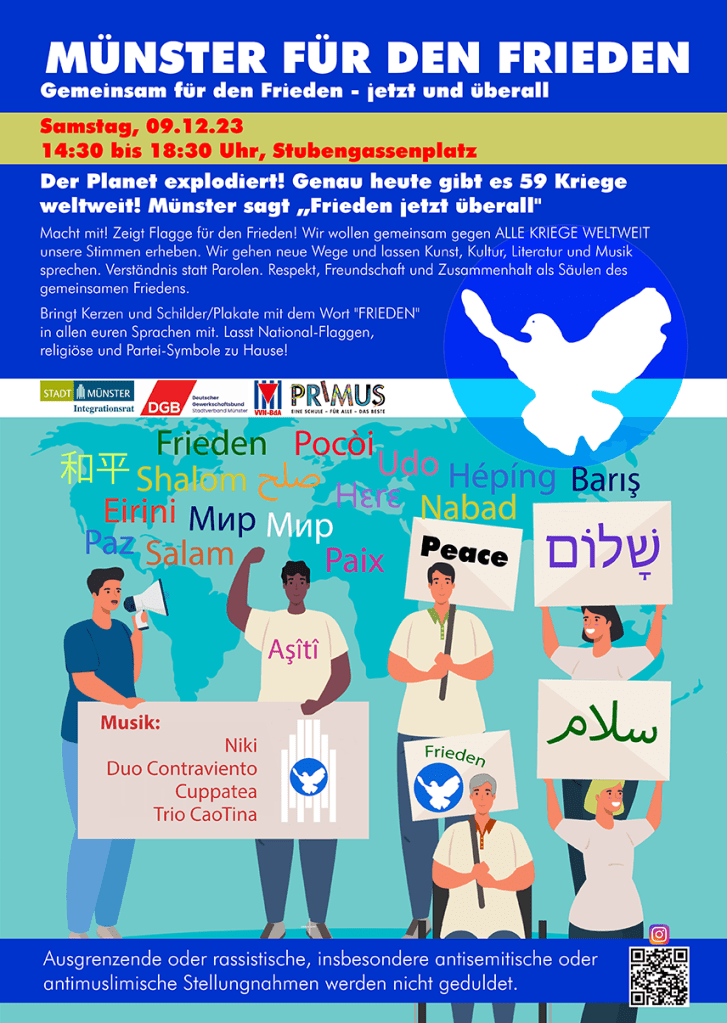 Münster für den Frieden. Kundgebung mit Musik, Tanz, Lyrik am 9.12.2023