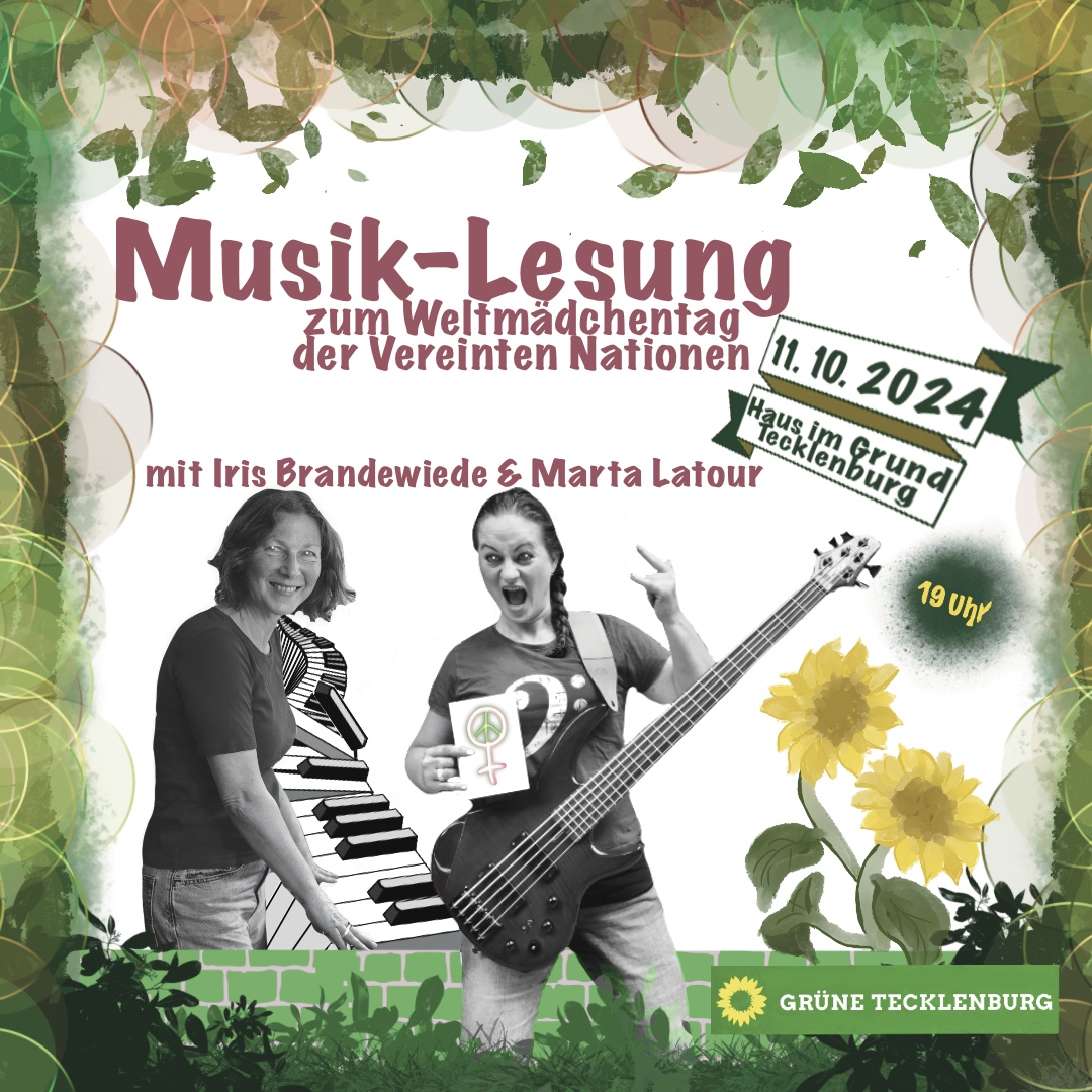 Veranstaltungsplakat 11.10.2024 mit Iris Brandewiede um 19 Uhr in Tecklenburg (Haus im Grund) zum Weltmädchentag der Vereinten Nationen