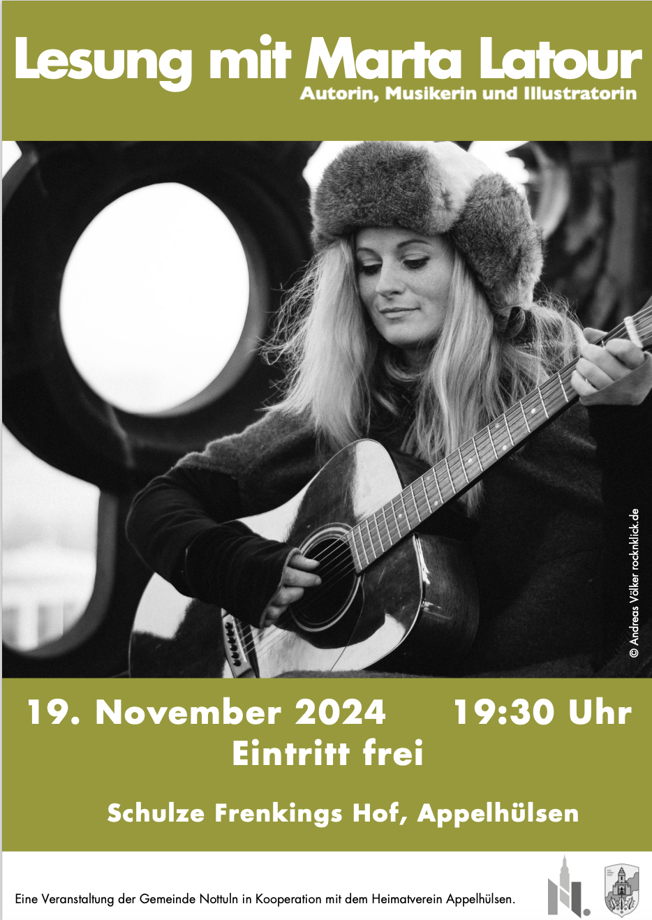 Lesung und Musik mit Marta Latour, Veranstaltungsplakat.