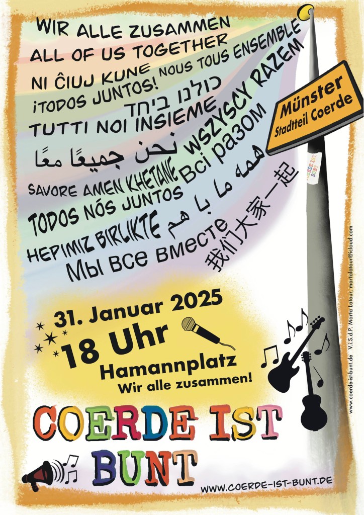 Coerde ist bunt! Kundgebung am 31.1.2025 18-21 Uhr am Hamannplatz in Münster-Coerde mit Musik und Wortbeiträgen