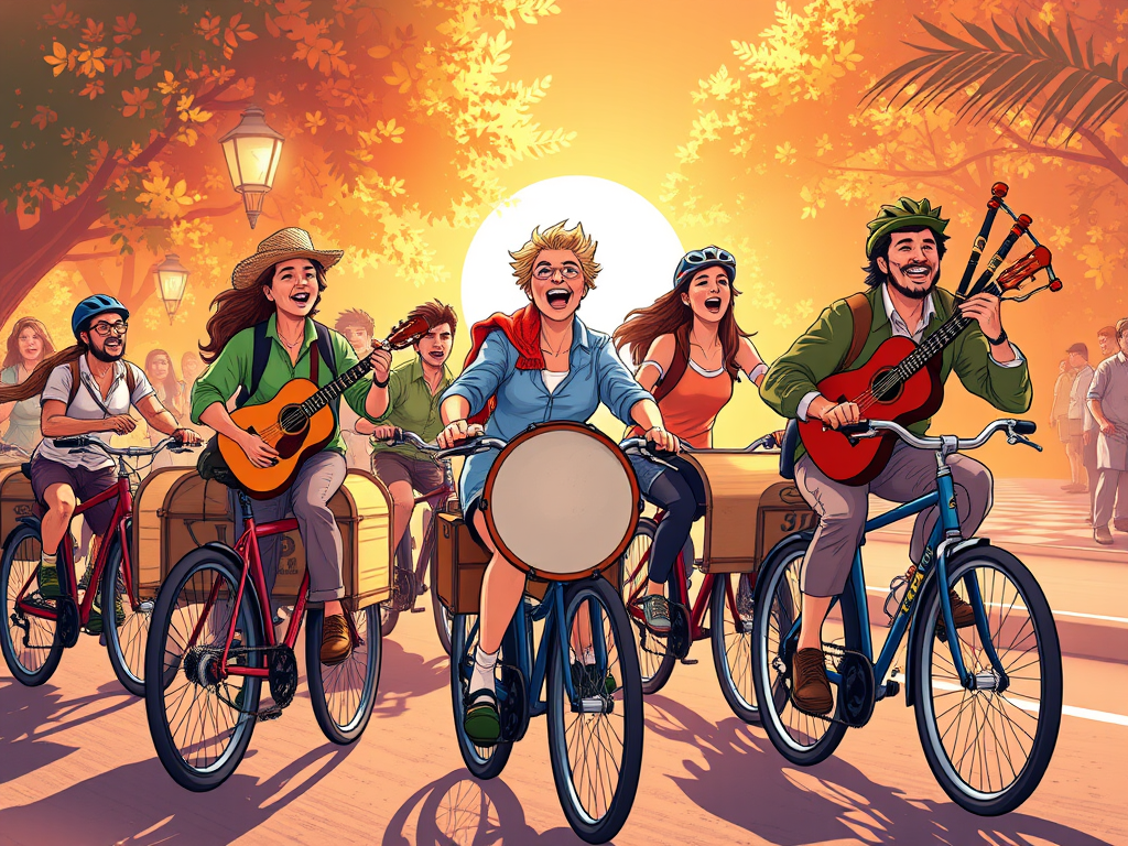 KI-generiertes Comic-Bild mit fröhlichen Radfahrenden, die singen und Instrumente dabei haben.