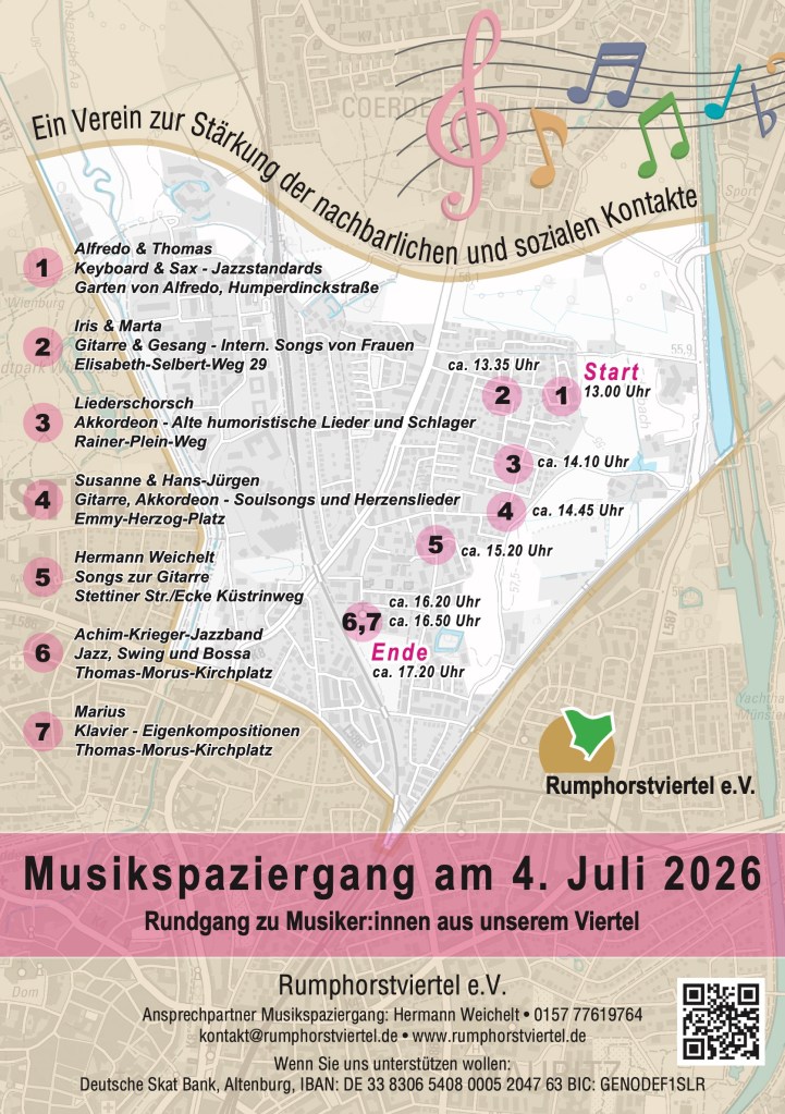 ca. 13.35 Uhr Beginn unseres Beitrags zum Musikspaziergang im Rumphorstviertel am 4.7.2026