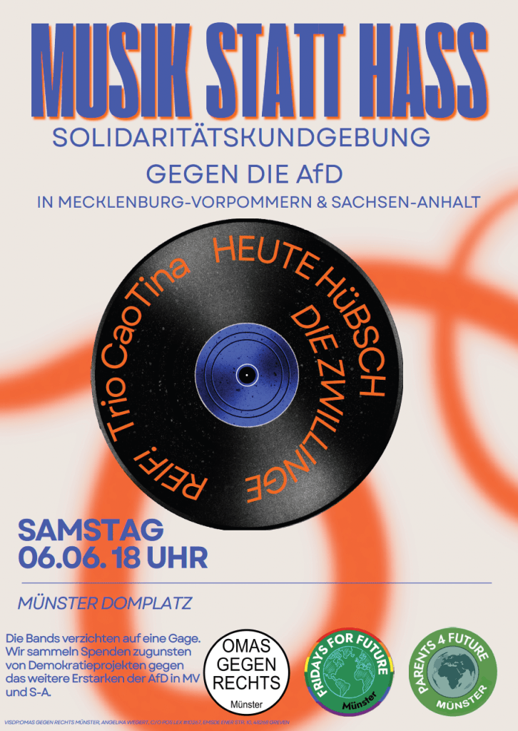 Musik statt Hass, Flyer für die Kundgebung am 6.6.2026 auf dem Domplatz in Münster